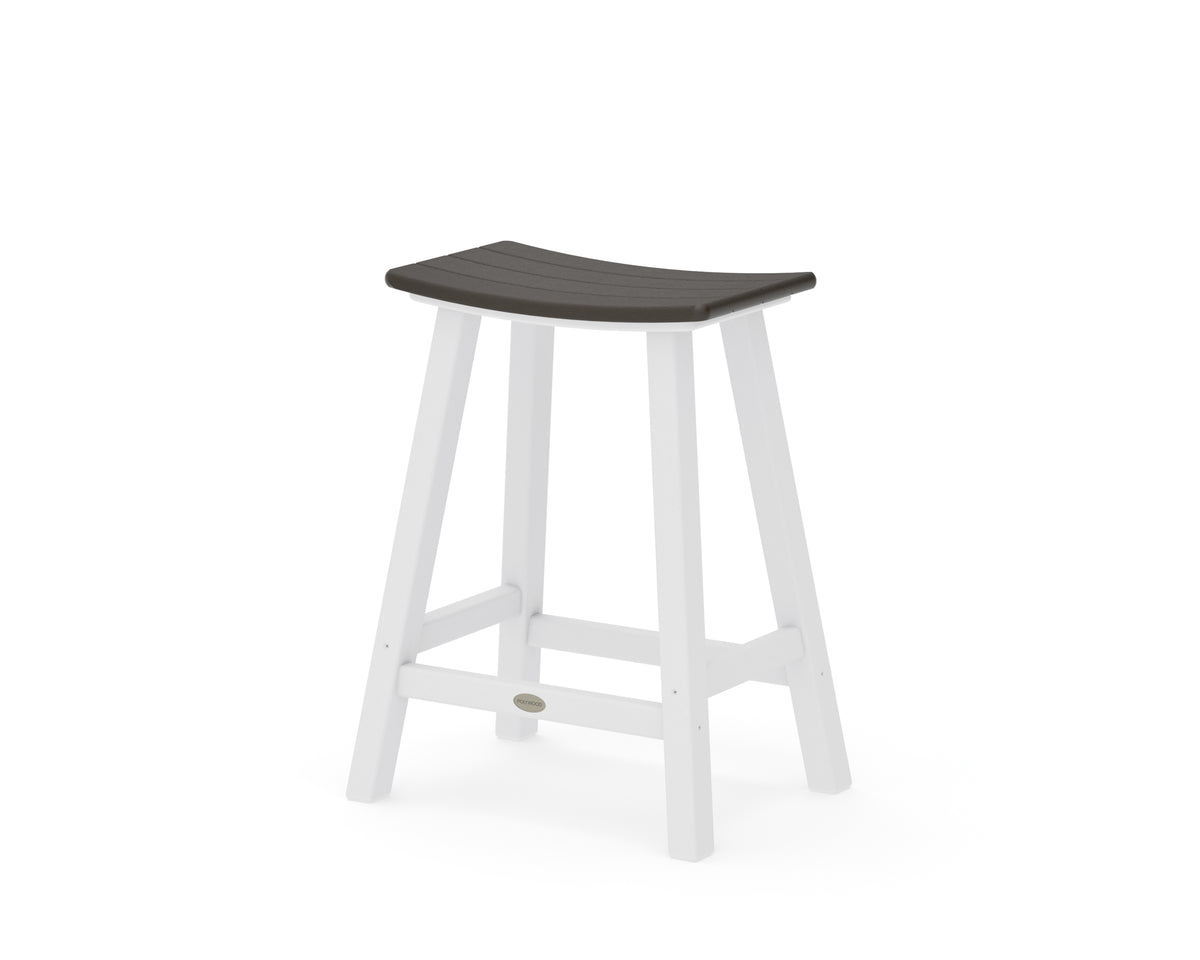POLYWOOD Contempo 24" Saddle Counter Stool in White / Vintage Coffee