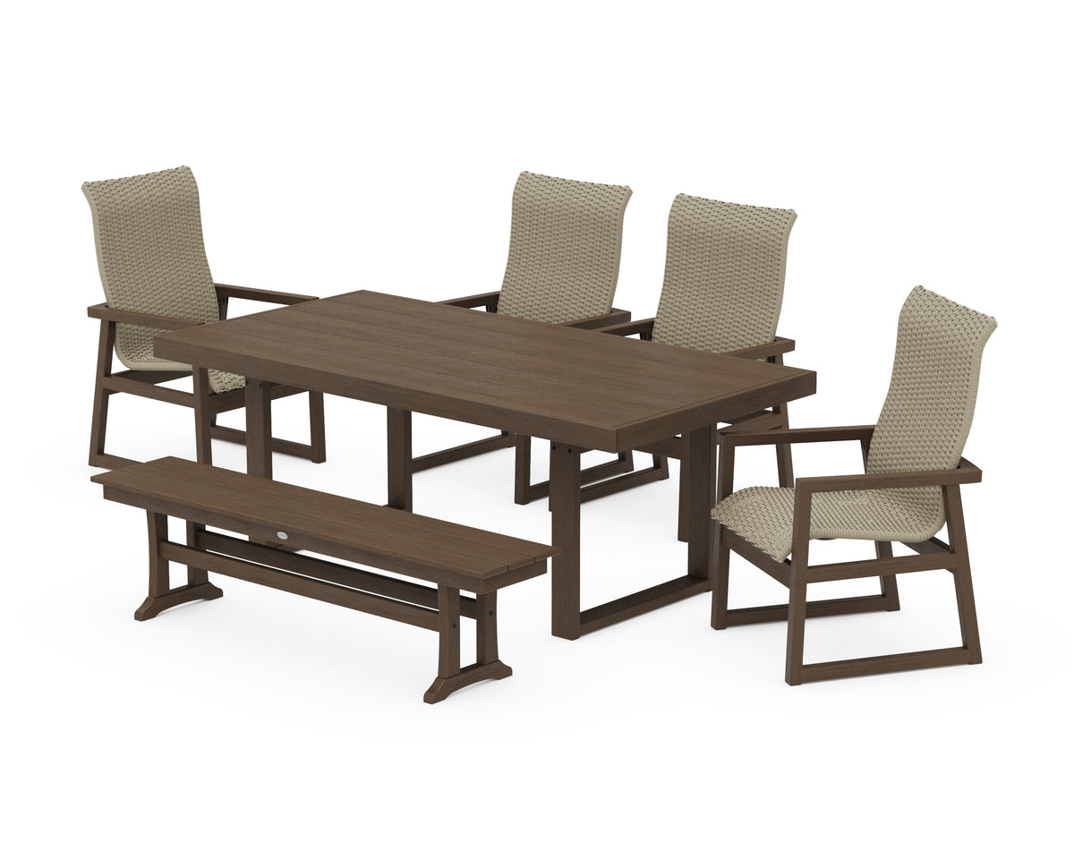 POLYWOOD EDGE Woven High-Back 6-Piece Dining Set with Bench in Kona / Dune Grass