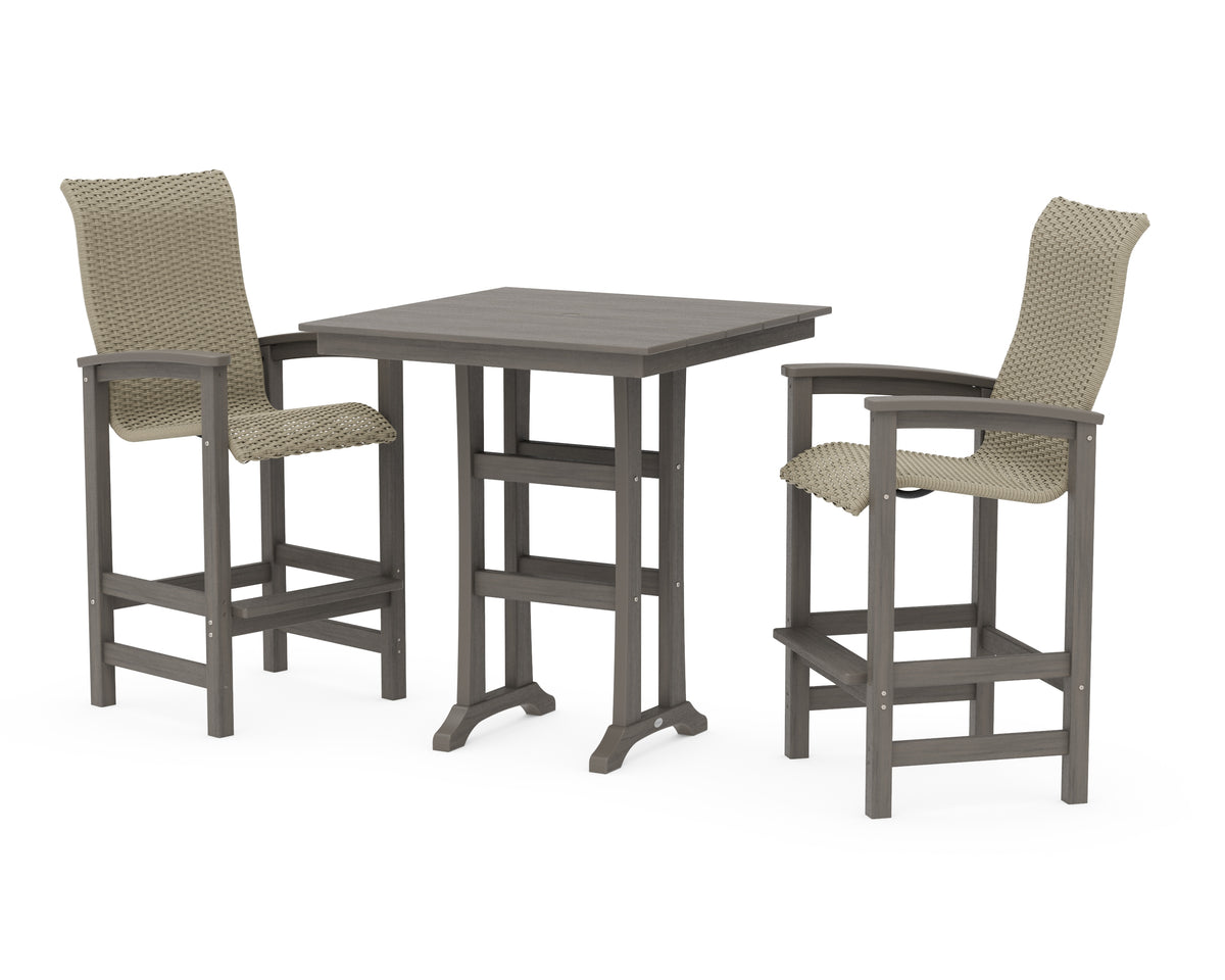 POLYWOOD Coastal Woven High-Back 3-Piece Farmhouse Bar Set with Trestle Legs in Driftwood / Dune Grass