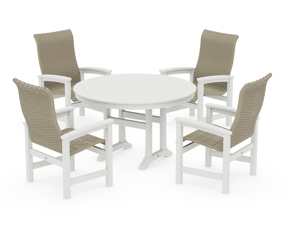 POLYWOOD Coastal Woven High-Back 5-Piece Round Dining Set with Trestle Legs in White / Dune Grass