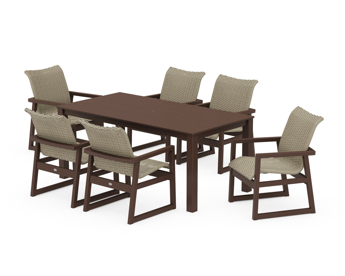 POLYWOOD EDGE Woven Arm Chair 7-Piece Parsons Dining Set in Mahogany / Dune Grass