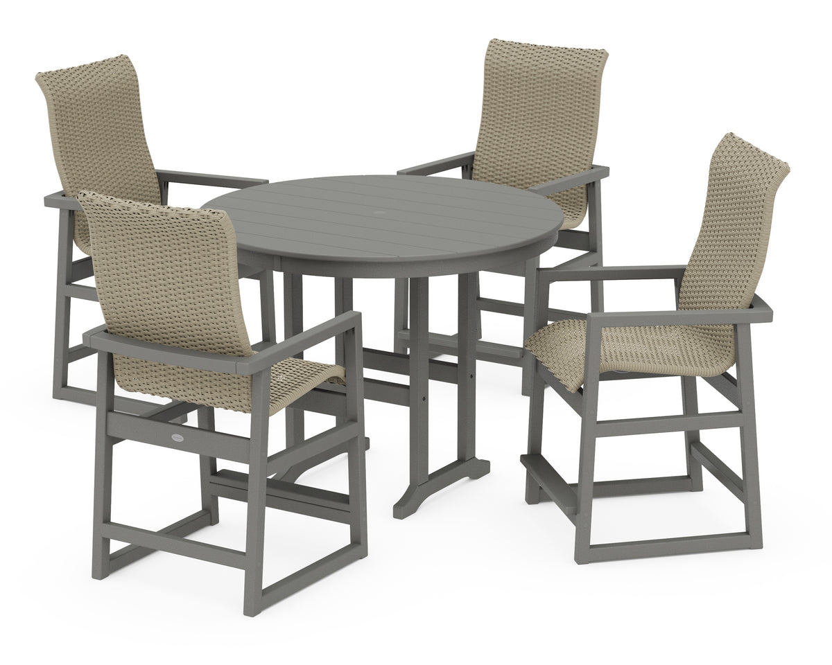 POLYWOOD EDGE Woven Highback 5-Piece Round Farmhouse Counter Set in Slate Grey / Dune Grass