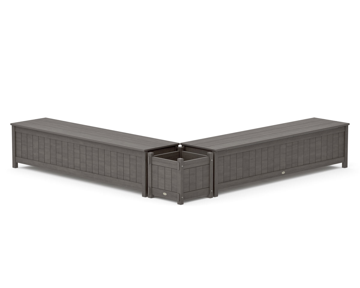 POLYWOOD 72" Vineyard L-Shaped Planter Storage Bench Set in Driftwood