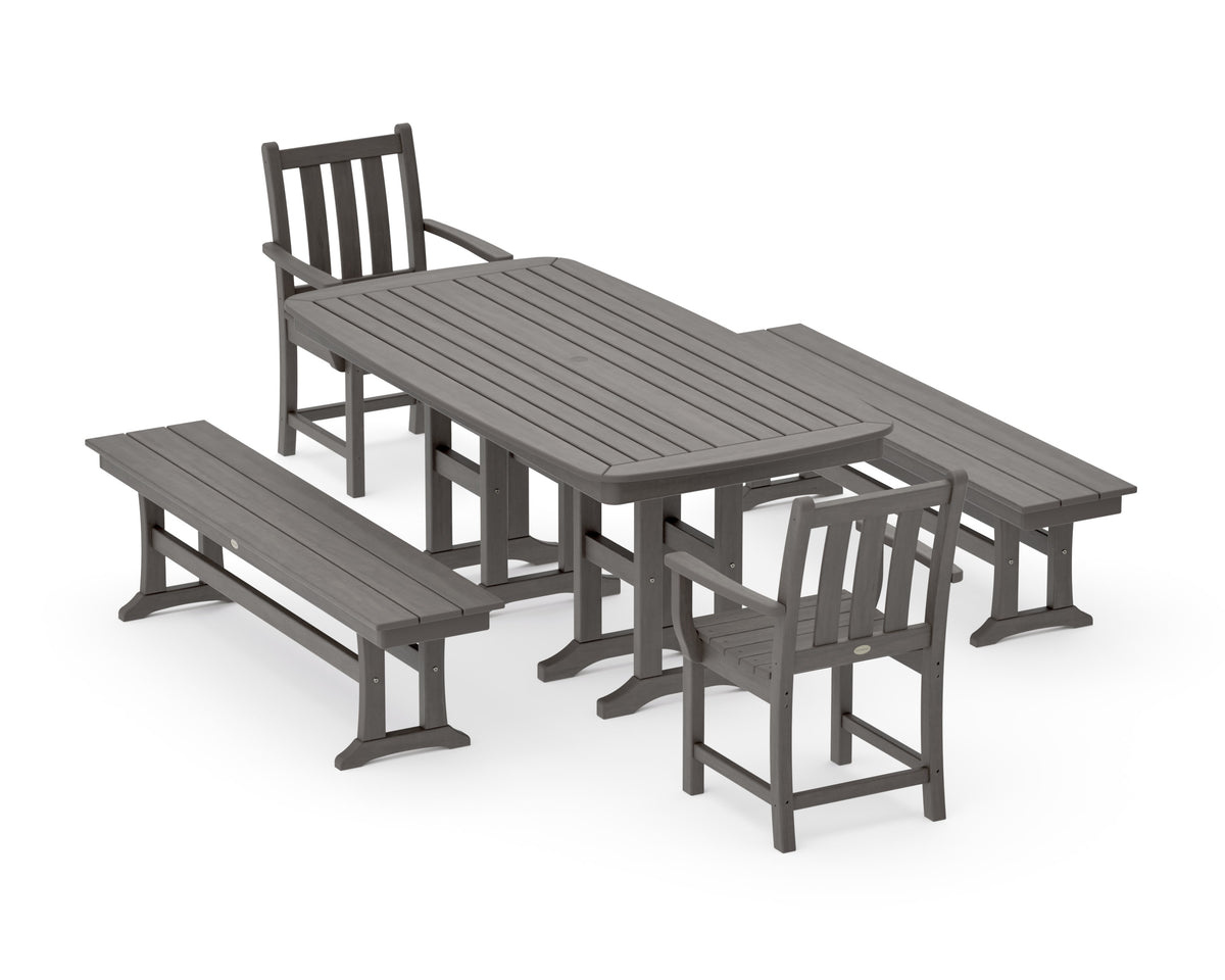 POLYWOOD Traditional Garden 5-Piece Dining Set with Benches - 37" x 72" Table in Driftwood