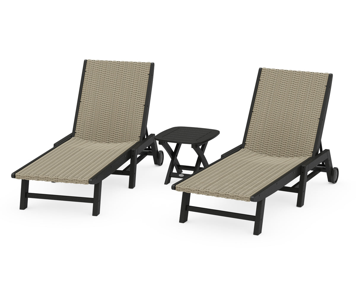 POLYWOOD 3-Piece Coastal Woven Chaise with Wheels Lounge Set in Black / Dune Grass