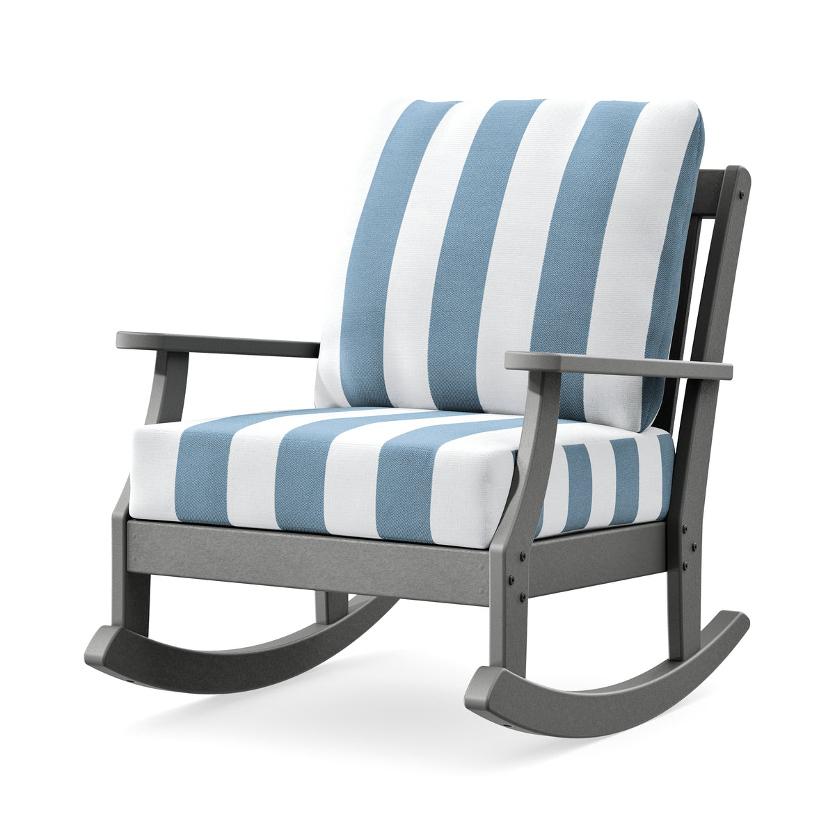 POLYWOOD Braxton Deep Seating Rocking Chair in Slate Grey / Cabana Stripe Sky Blue