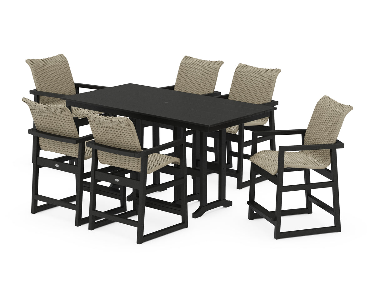 POLYWOOD EDGE Woven Arm Chair 7-Piece Farmhouse Counter Set in Black / Dune Grass