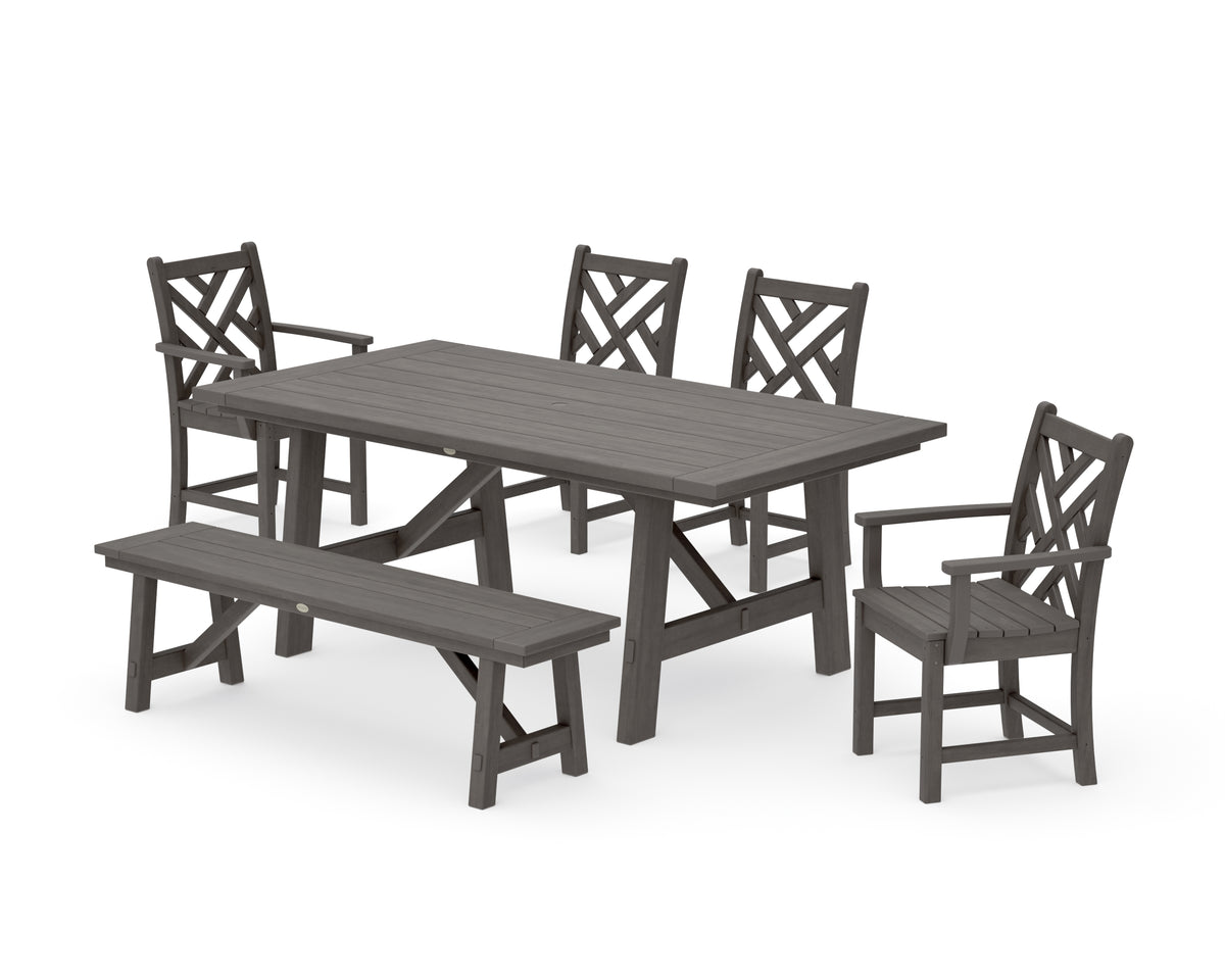 POLYWOOD Chippendale 6-Piece Rustic Farmhouse Dining Set with Bench in Driftwood