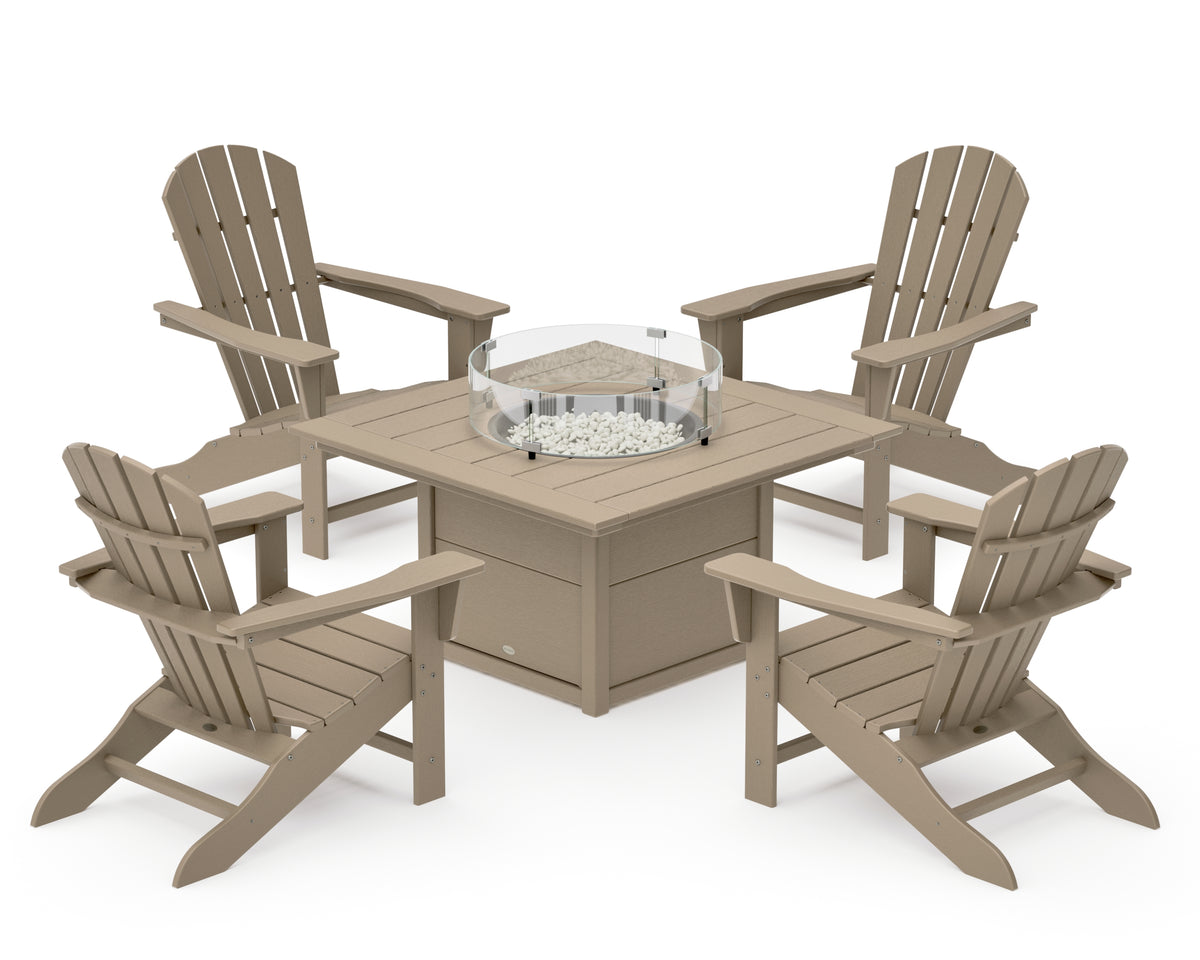 POLYWOOD Palm Coast 5-Piece Adirondack Chair Conversation Set with Fire Pit Table in Vintage Sahara