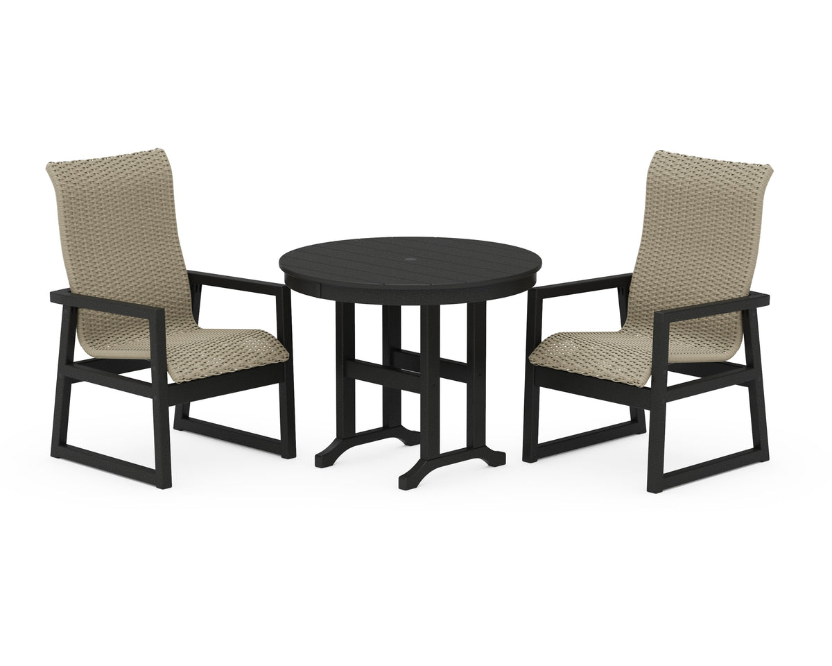 POLYWOOD EDGE Woven High-Back 3-Piece Farmhouse Dining Set in Black / Dune Grass