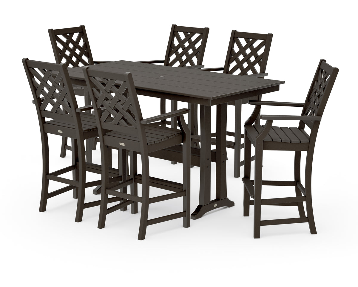 POLYWOOD Country Living Wovendale Arm Chair 7-Piece Farmhouse Bar Set with Trestle Legs in Vintage Coffee