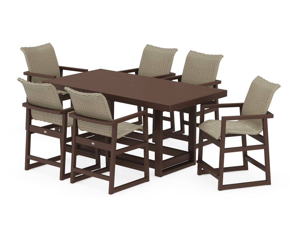 POLYWOOD EDGE Woven Arm Chair 7-Piece Counter Set in Mahogany / Dune Grass