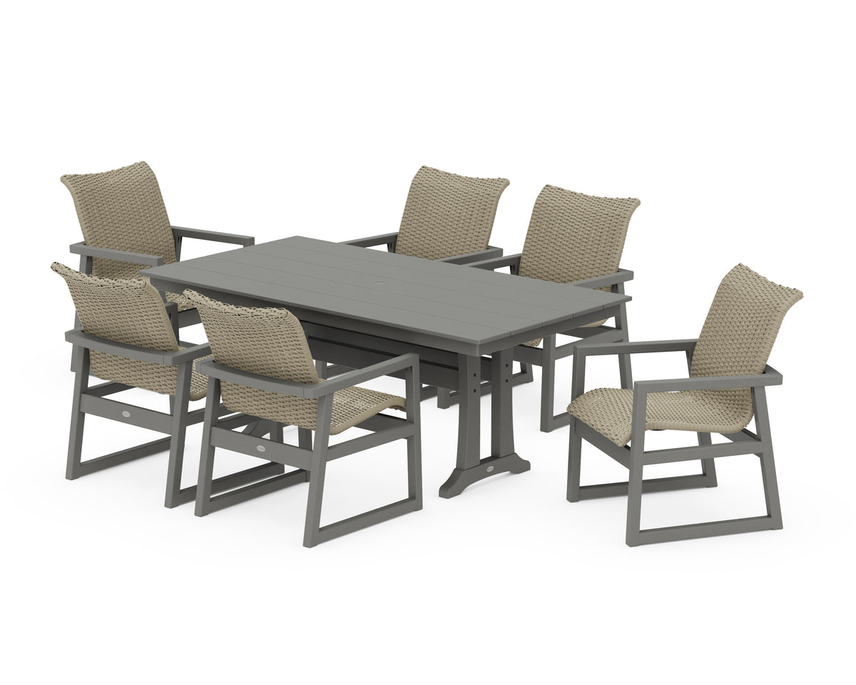 POLYWOOD EDGE Woven Arm Chair 7-Piece Farmhouse Dining Set with Trestle Legs in Slate Grey / Dune Grass