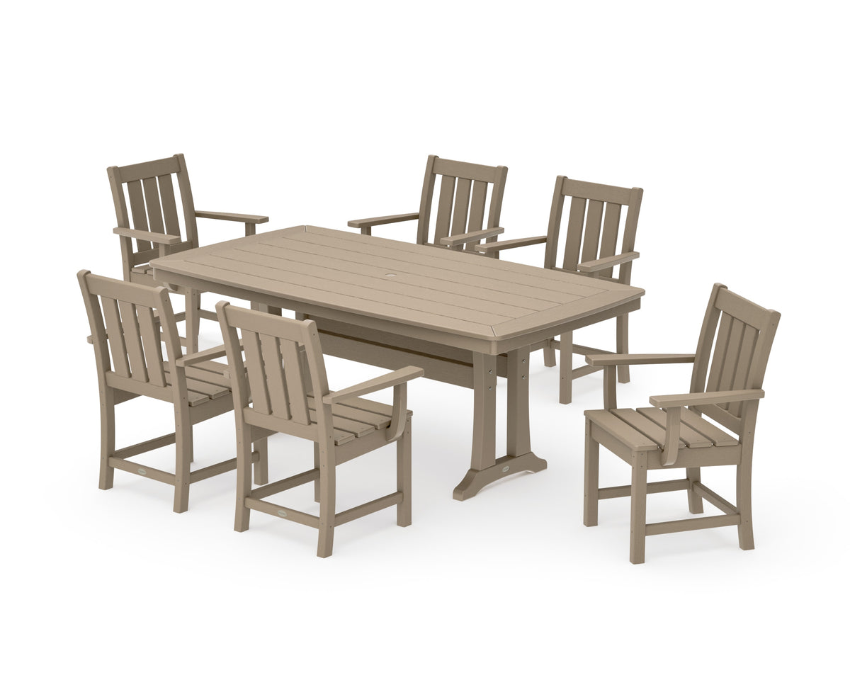 POLYWOOD Oxford Arm Chair 7-Piece Dining Set with Trestle Legs in Vintage Sahara