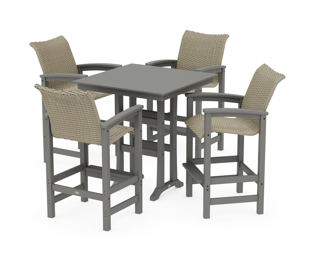 POLYWOOD Coastal Woven 5-Piece Farmhouse Bar Set with Trestle Legs in Slate Grey / Dune Grass