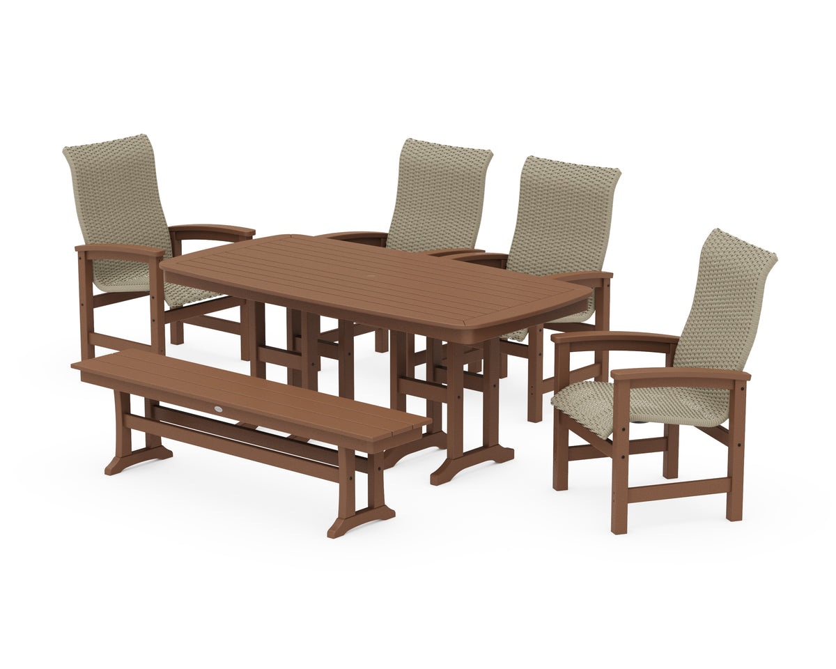 POLYWOOD Coastal Woven High-Back 6-Piece Farmhouse Dining Set with Bench with Nautical 37" x 72" Dining Table in Teak / Dune Grass