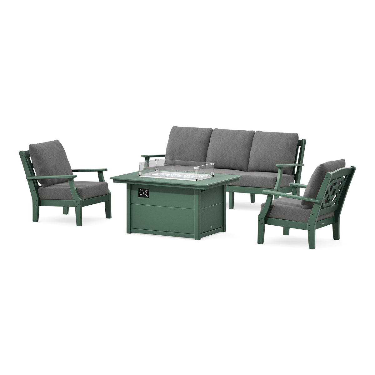 POLYWOOD Chinoiserie Deep Seating Fire Pit Table Set in Green