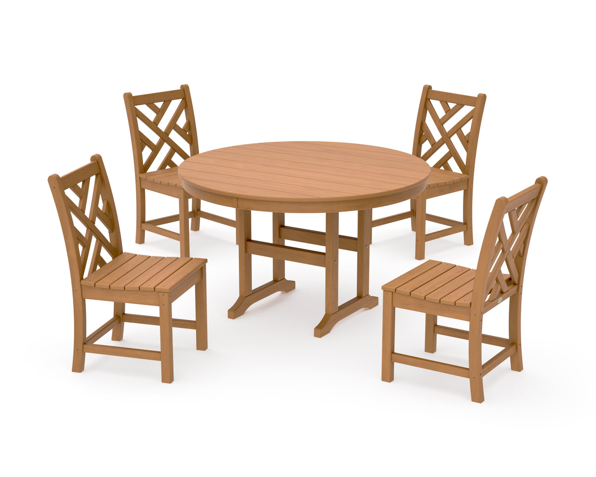 POLYWOOD Chippendale 5-Piece Round Farmhouse Side Chair Dining Set in Natural