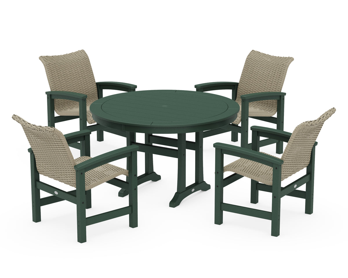 POLYWOOD Coastal Woven 5-Piece Round Dining Set with Trestle Legs in Green / Dune Grass