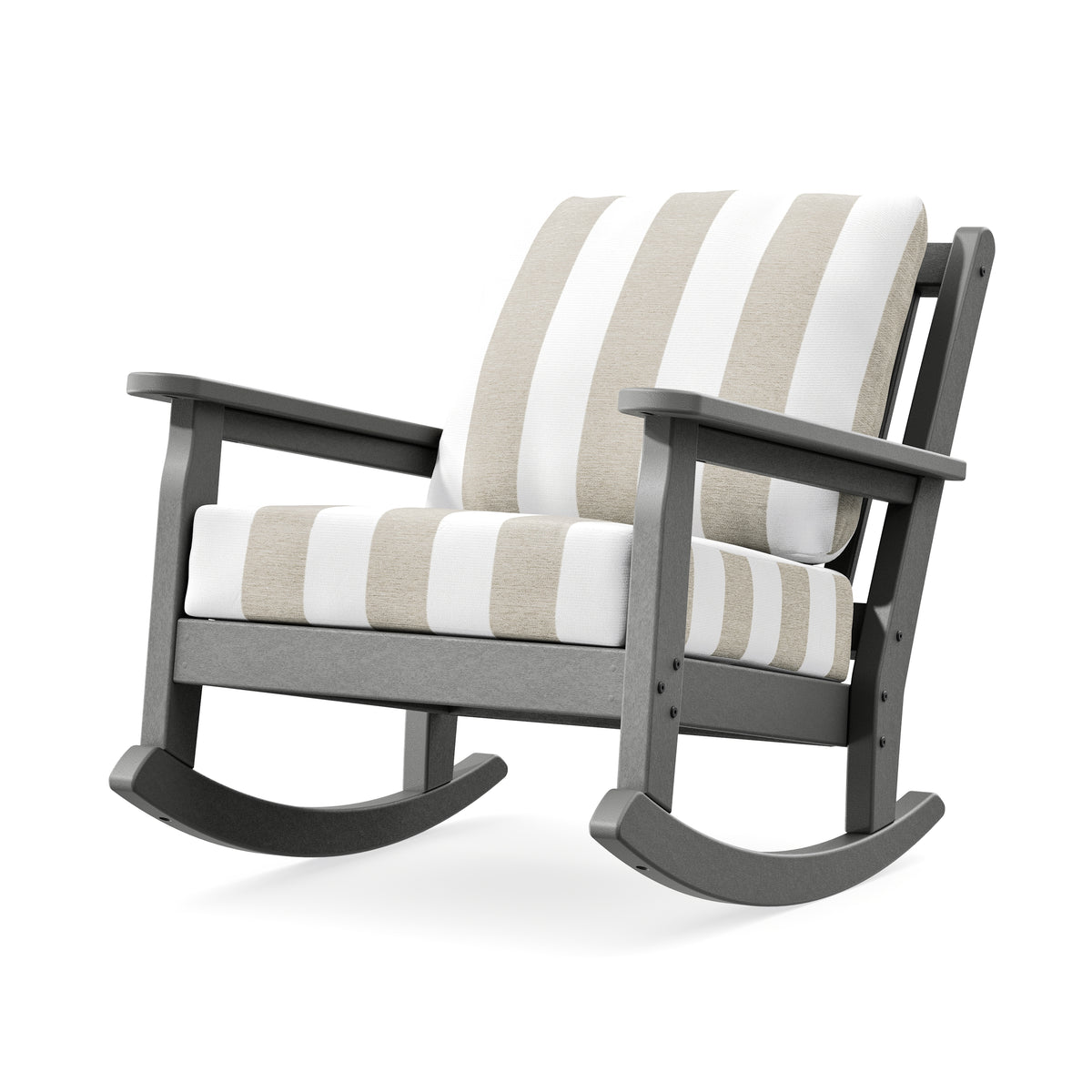 POLYWOOD Chippendale Deep Seating Rocking Chair in Slate Grey / Cabana Stripe Dune Burlap