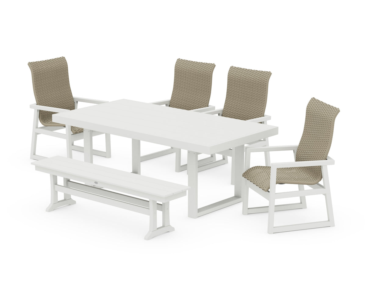 POLYWOOD EDGE Woven High-Back 6-Piece Dining Set with Bench in White / Dune Grass