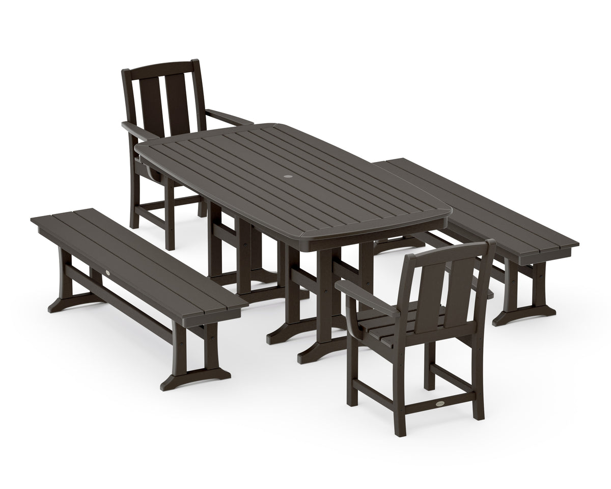 POLYWOOD Mission 5-Piece Dining Set with Benches in Vintage Coffee