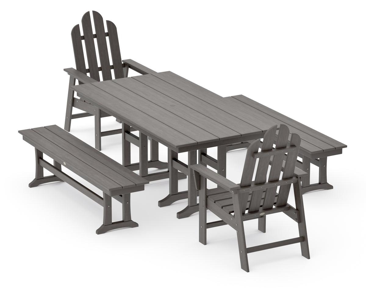 POLYWOOD Long Island 5-Piece Farmhouse Dining Set with Benches in Driftwood