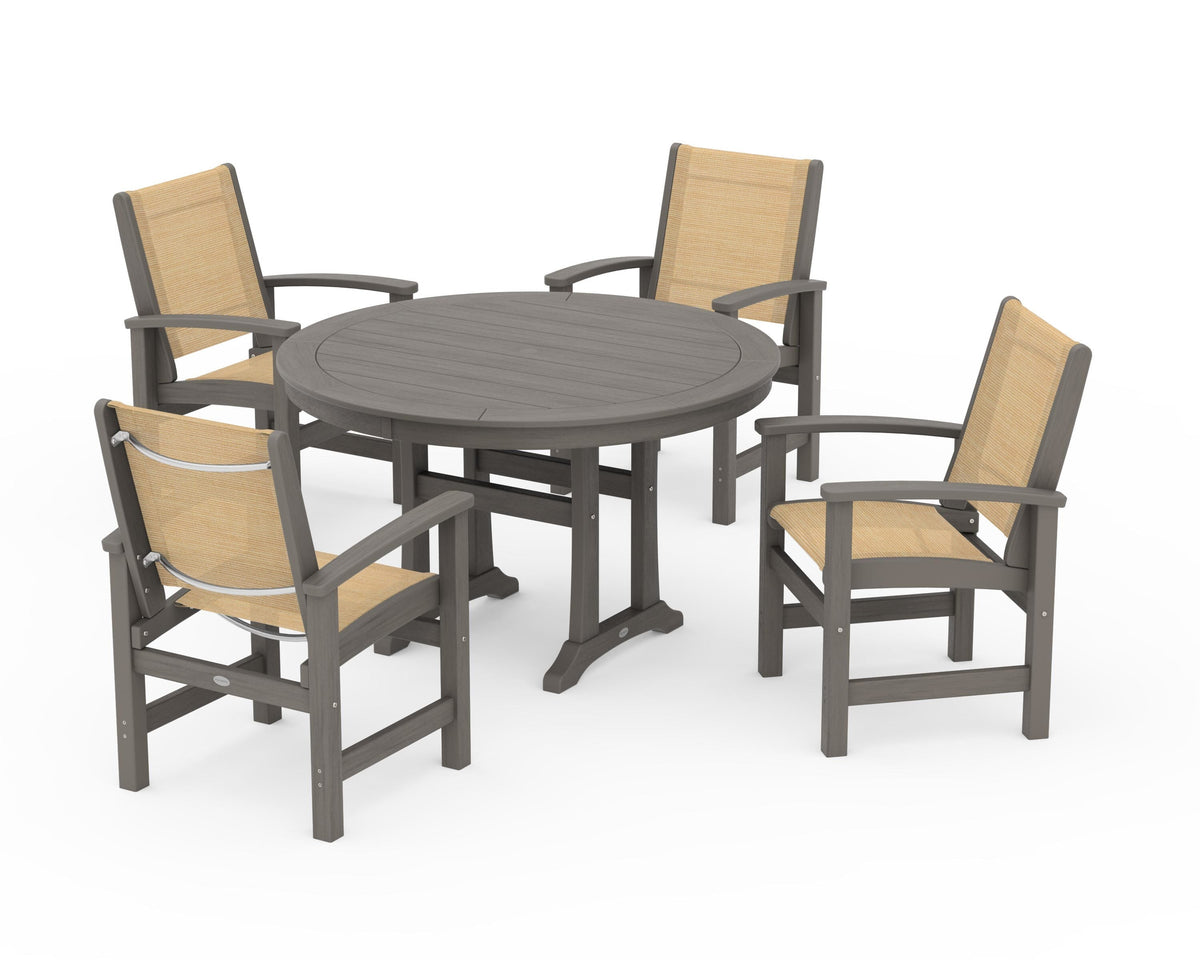 POLYWOOD Coastal 5-Piece Round Dining Set with Trestle Legs in Driftwood / Dupioni Apricot