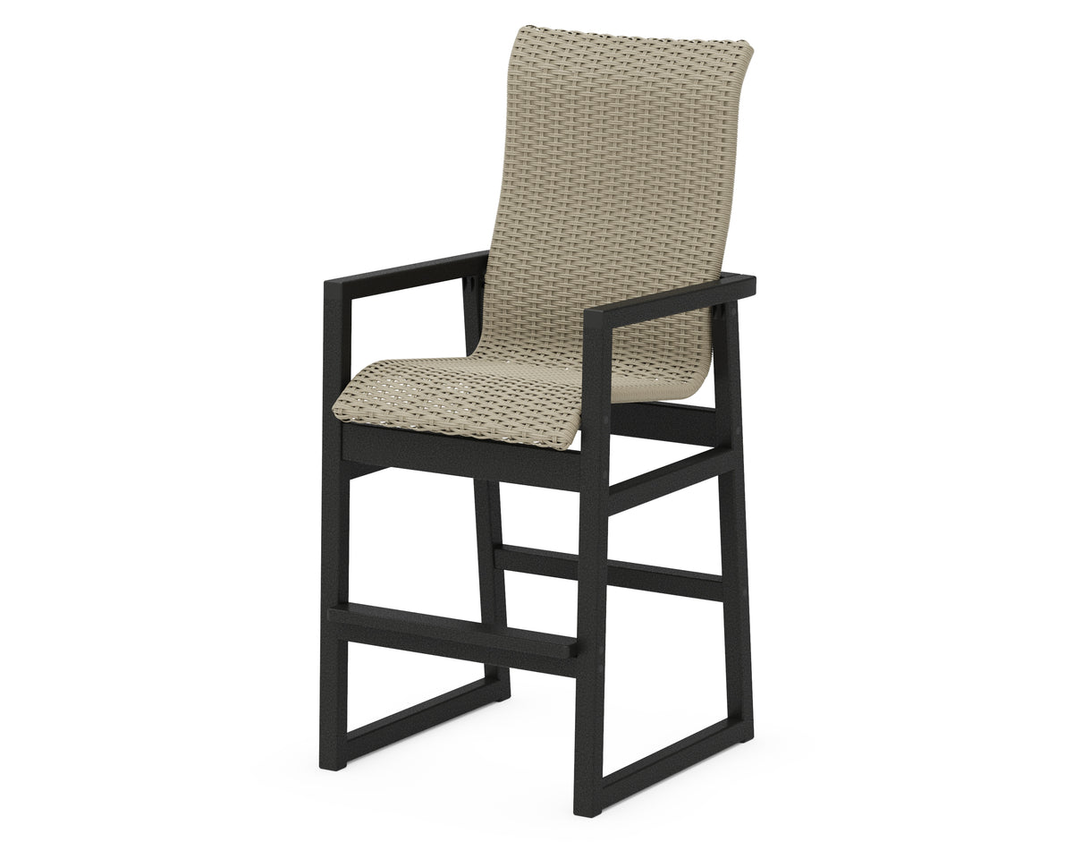 POLYWOOD EDGE Woven High-Back Bar Arm Chair in Black / Dune Grass