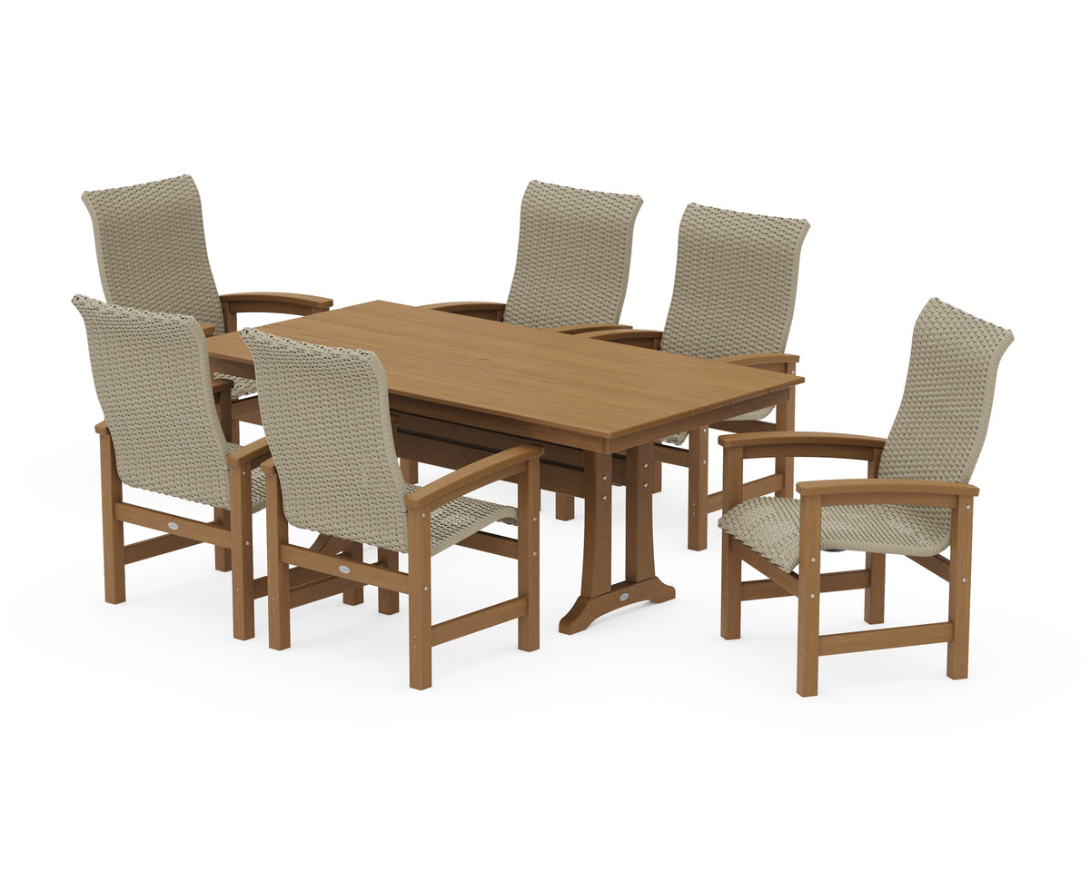 POLYWOOD Coastal Woven High-Back Arm Chair 7-Piece Farmhouse Dining Set with Trestle Legs in Natural / Dune Grass