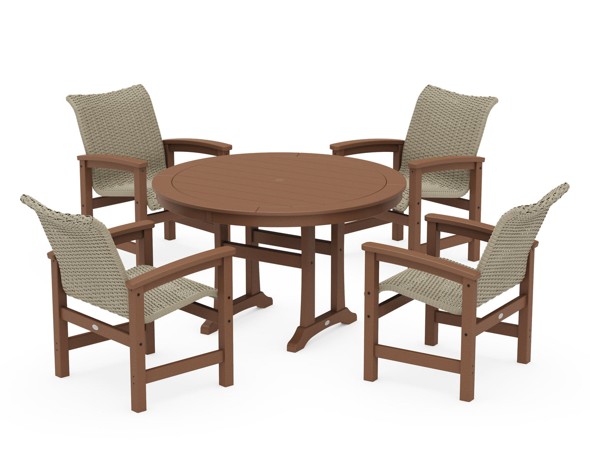 POLYWOOD Coastal Woven 5-Piece Round Dining Set with Trestle Legs in Teak / Dune Grass