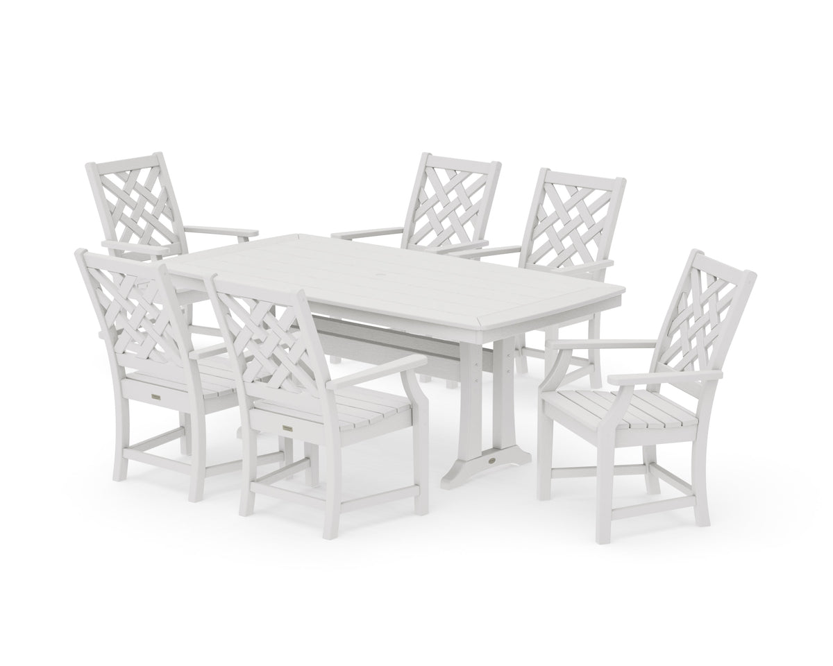 POLYWOOD Wovendale Arm Chair 7-Piece Dining Set with Trestle Legs in Vintage White