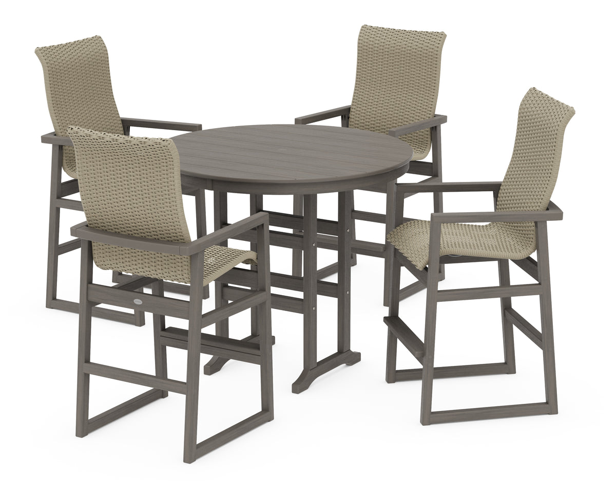 POLYWOOD EDGE Woven Highback 5-Piece Round Farmhouse Bar Set in Driftwood / Dune Grass