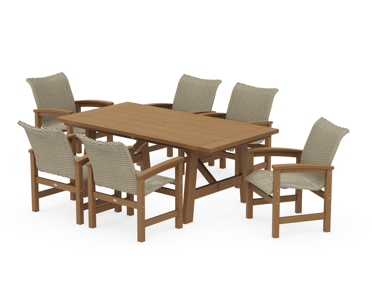 POLYWOOD Coastal Woven Arm Chair 7-Piece Rustic Farmhouse Dining Set in Natural / Dune Grass