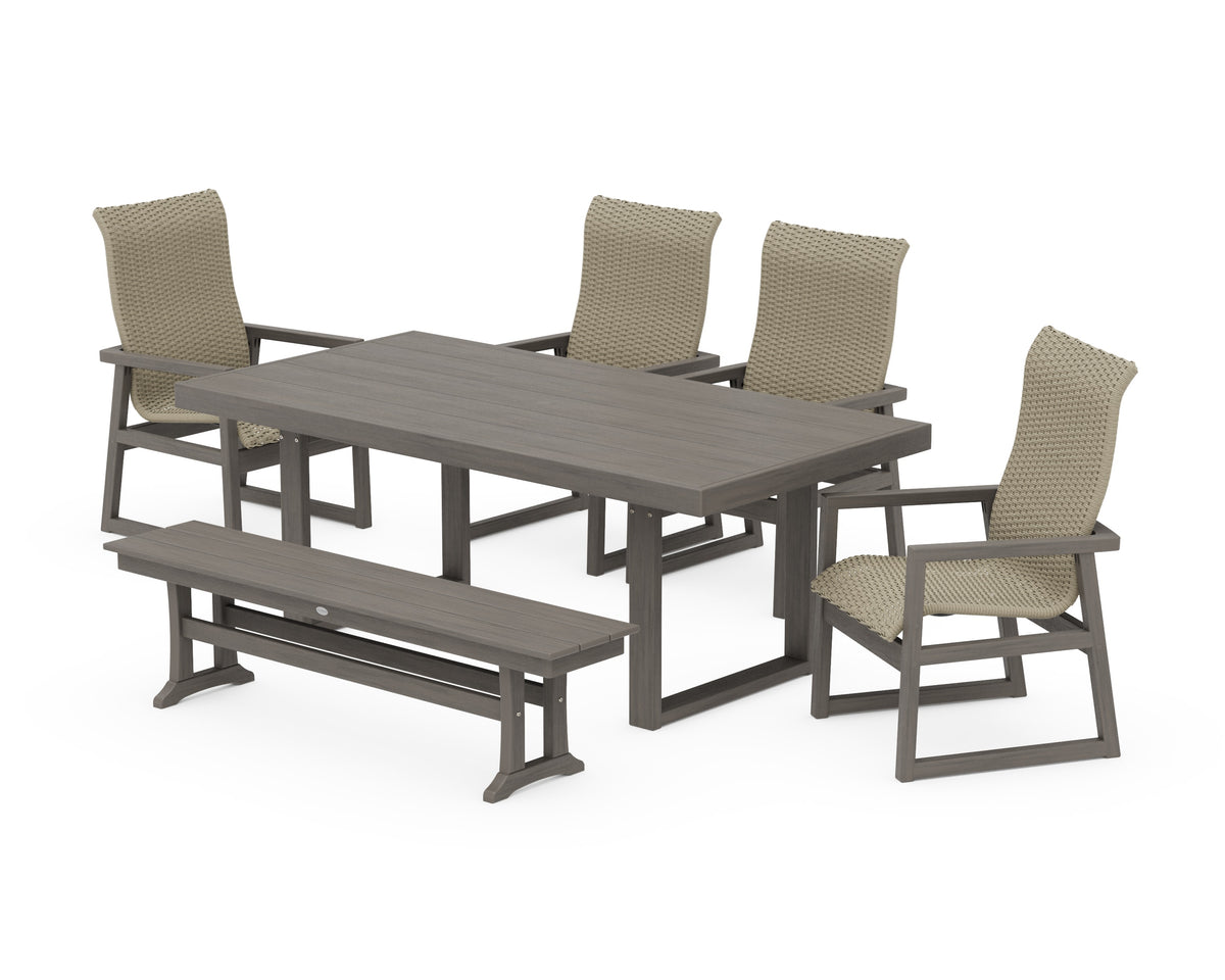 POLYWOOD EDGE Woven High-Back 6-Piece Dining Set with Bench in Driftwood / Dune Grass