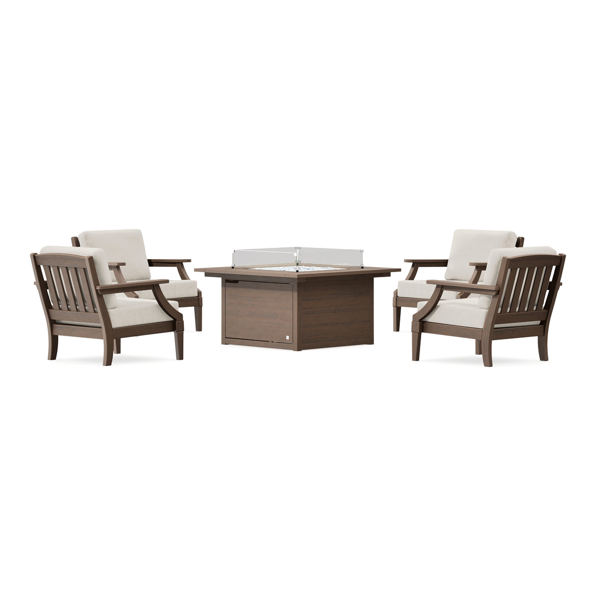 POLYWOOD PW Designer Series Estate 5-Piece Lounge Fire Table Set in Kona / Dune Burlap