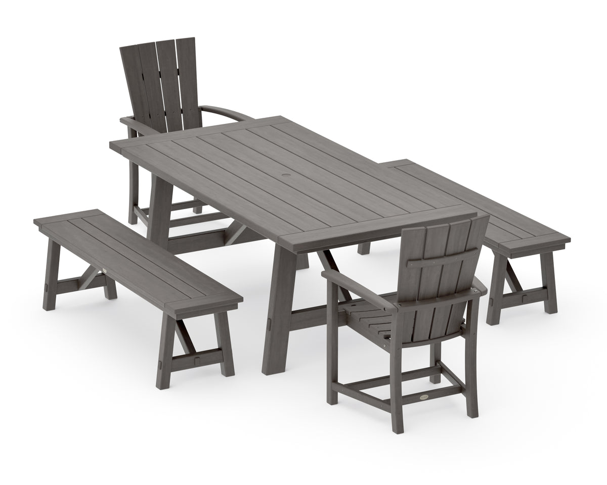 POLYWOOD Quattro 5-Piece Rustic Farmhouse Dining Set with Benches in Driftwood