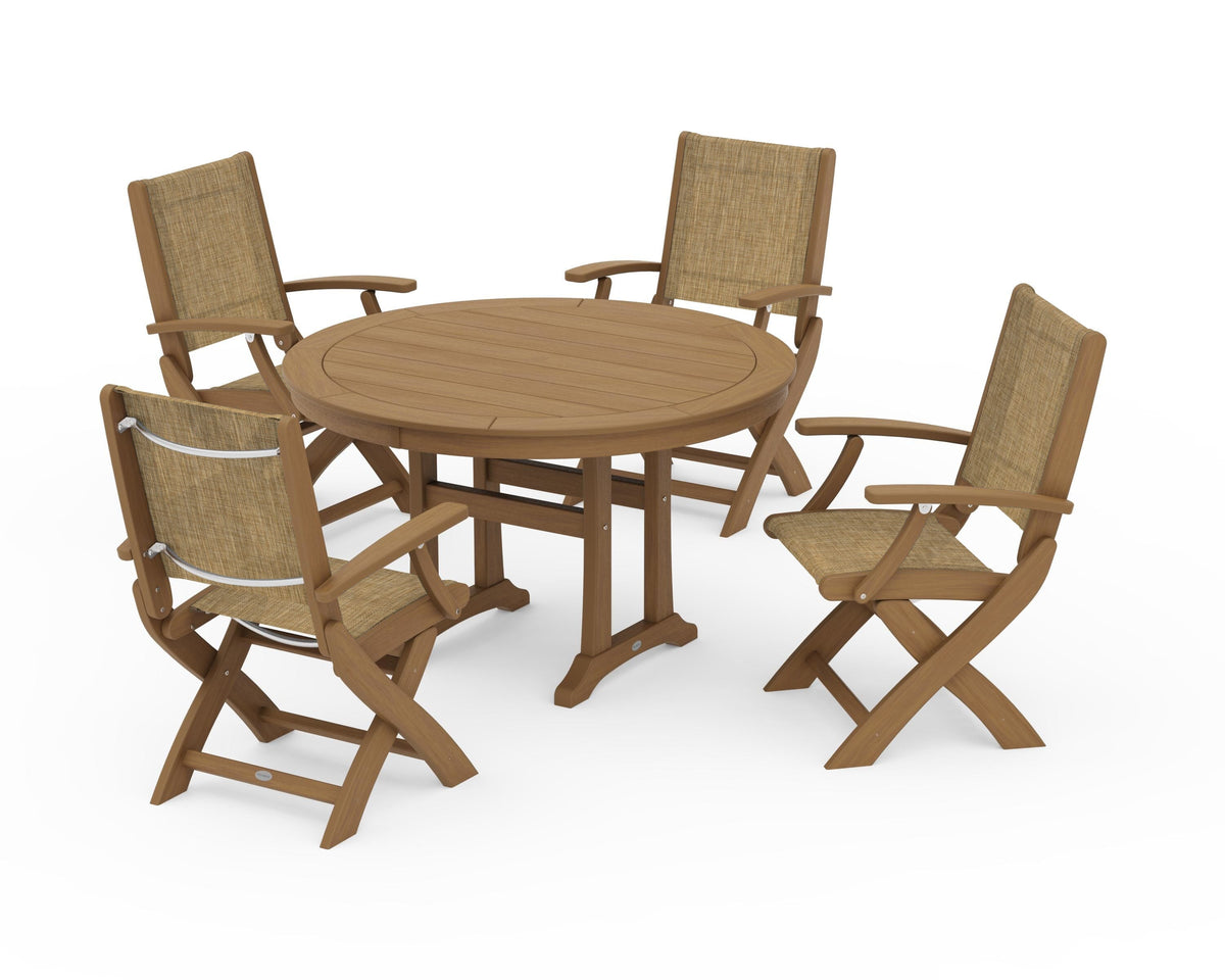 POLYWOOD Coastal Folding Chair 5-Piece Round Dining Set with Trestle Legs in Natural / Burlap