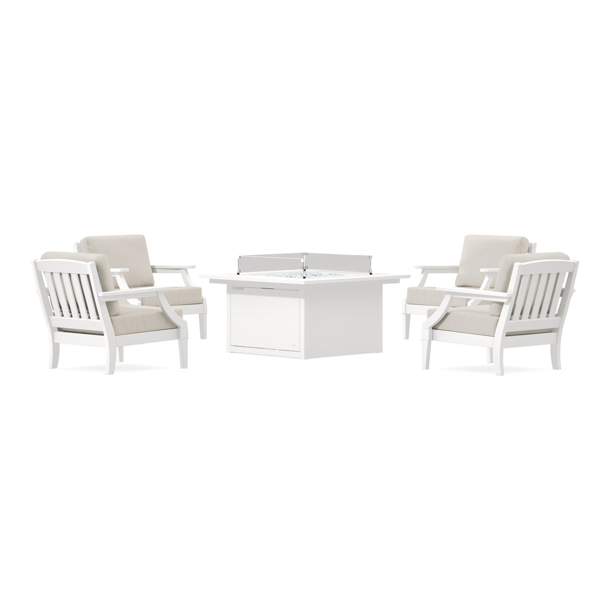 POLYWOOD PW Designer Series Estate 5-Piece Lounge Fire Table Set in Vintage White / Dune Burlap