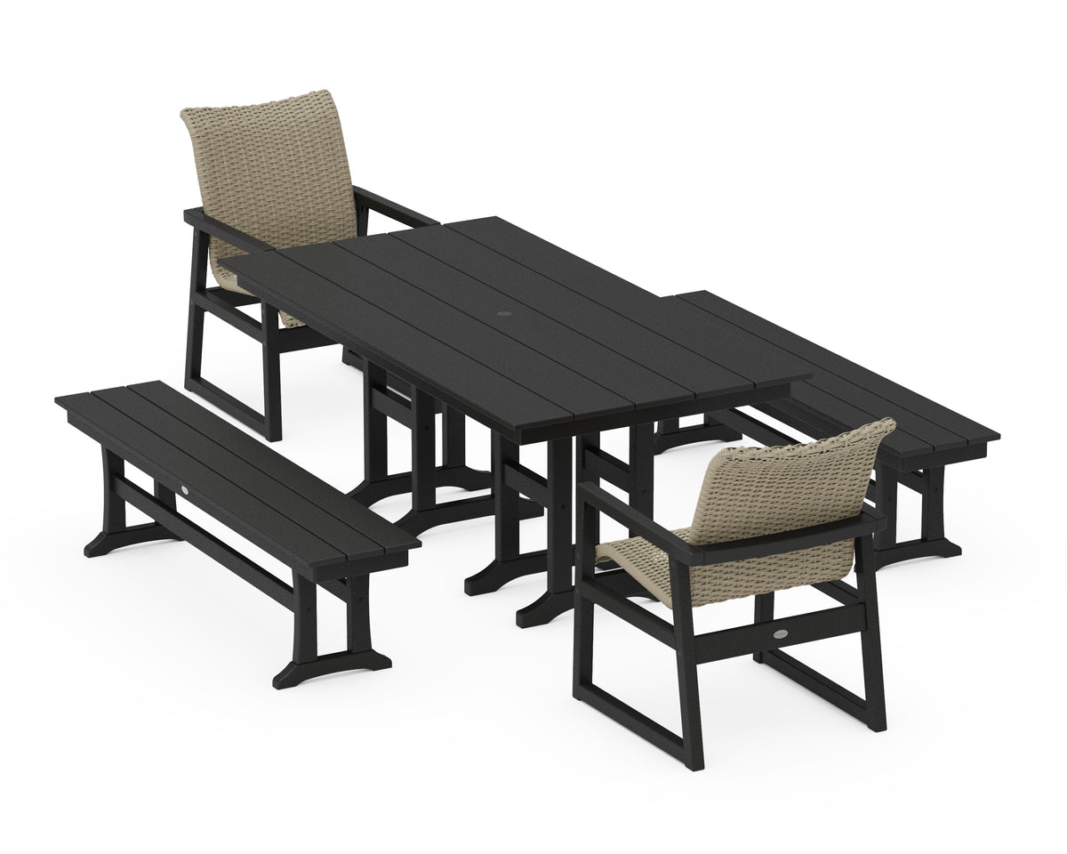 POLYWOOD EDGE Woven 5-Piece Farmhouse Dining Set with Benches in Black / Dune Grass