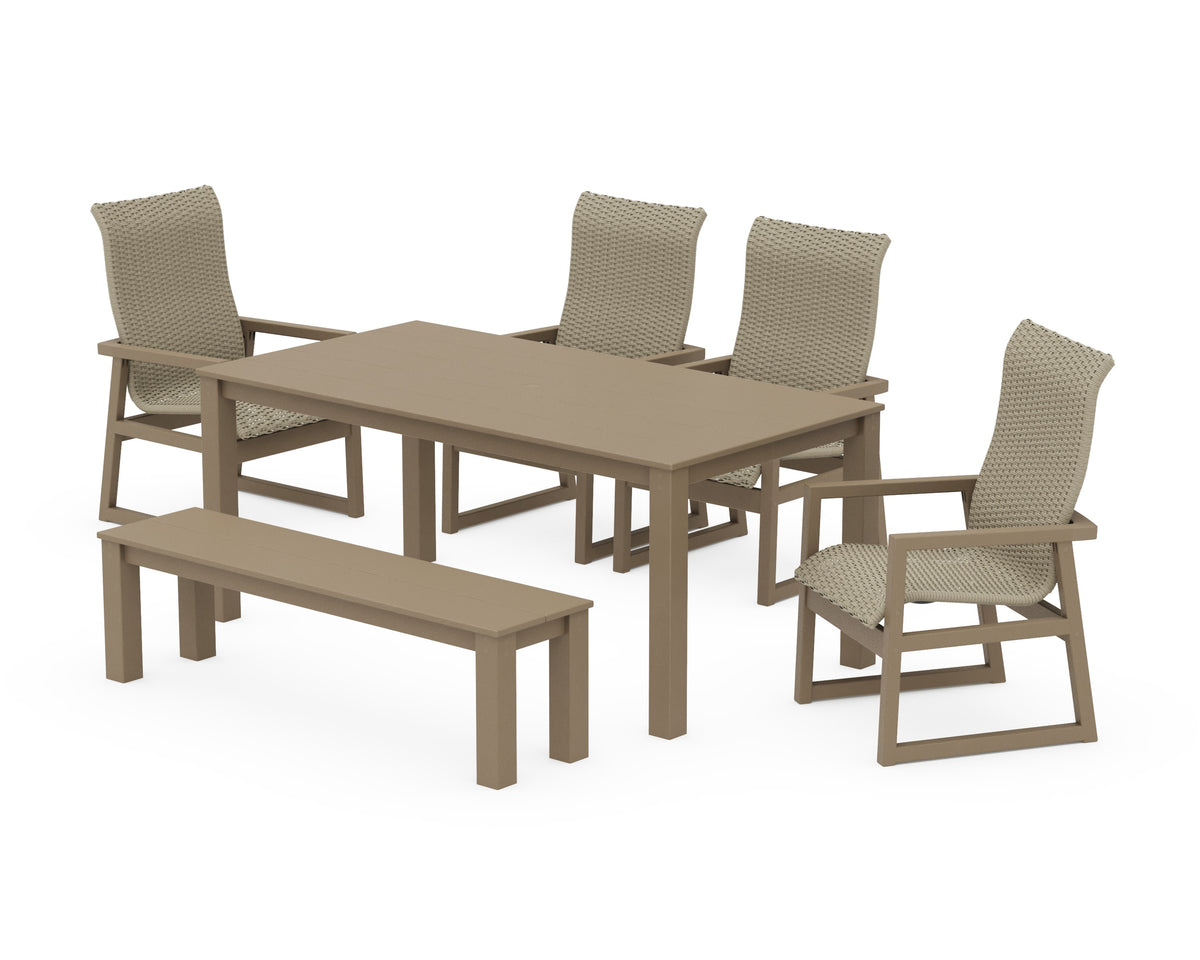 POLYWOOD EDGE Woven High-Back 6-Piece Parsons Dining Set with Bench in Vintage Sahara / Dune Grass