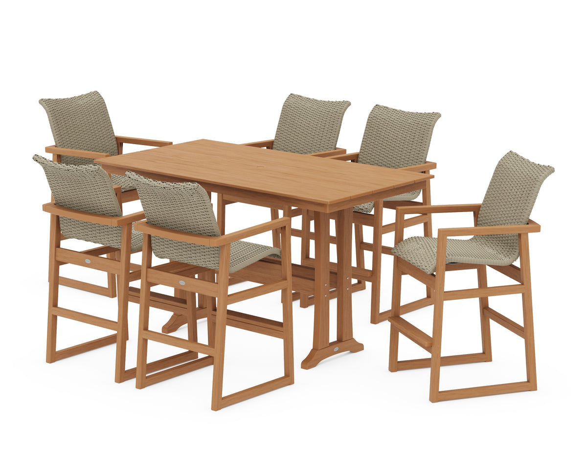 POLYWOOD EDGE Woven Arm Chair 7-Piece Farmhouse Bar Set with Trestle Legs in Natural / Dune Grass