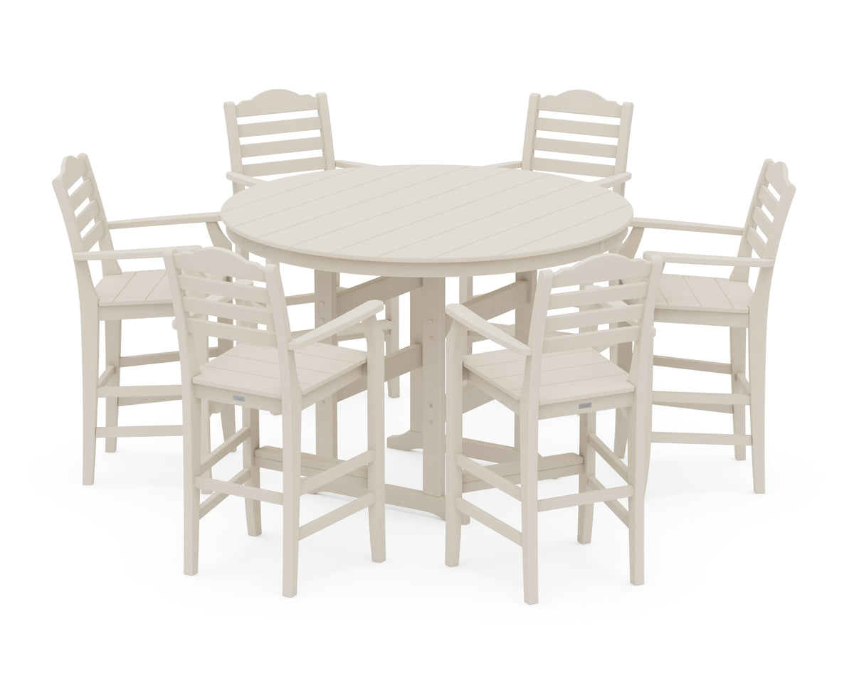 POLYWOOD Savannah 7-Piece Arm Chair Round Farmhouse Bar Set in Sand