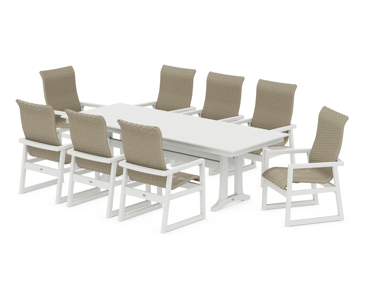 POLYWOOD EDGE Woven High-Back 9-Piece Farmhouse Dining Set with Trestle Legs in Vintage White / Dune Grass
