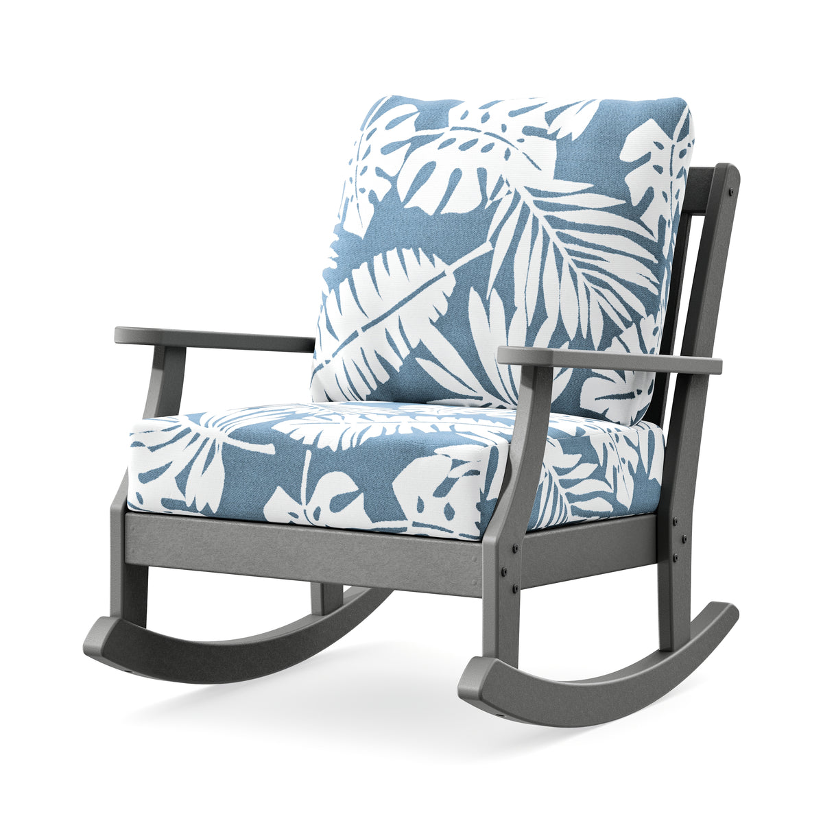 POLYWOOD Braxton Deep Seating Rocking Chair in Slate Grey / Leaf Sky Blue