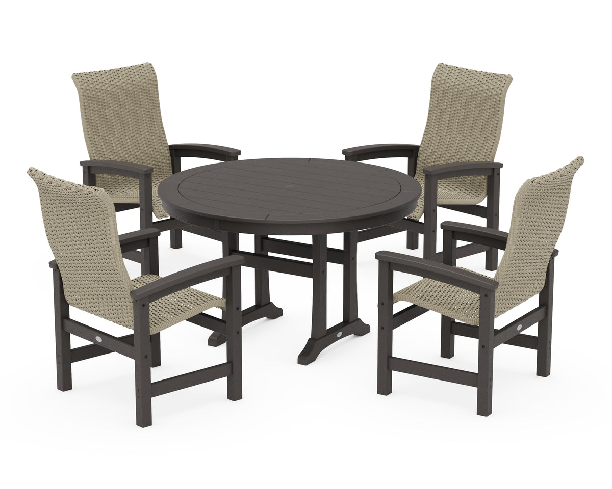 POLYWOOD Coastal Woven High-Back 5-Piece Round Dining Set with Trestle Legs in Vintage Coffee / Dune Grass