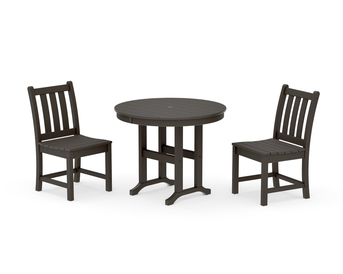 POLYWOOD Traditional Garden Side Chair 3-Piece Round Dining Set in Vintage Coffee