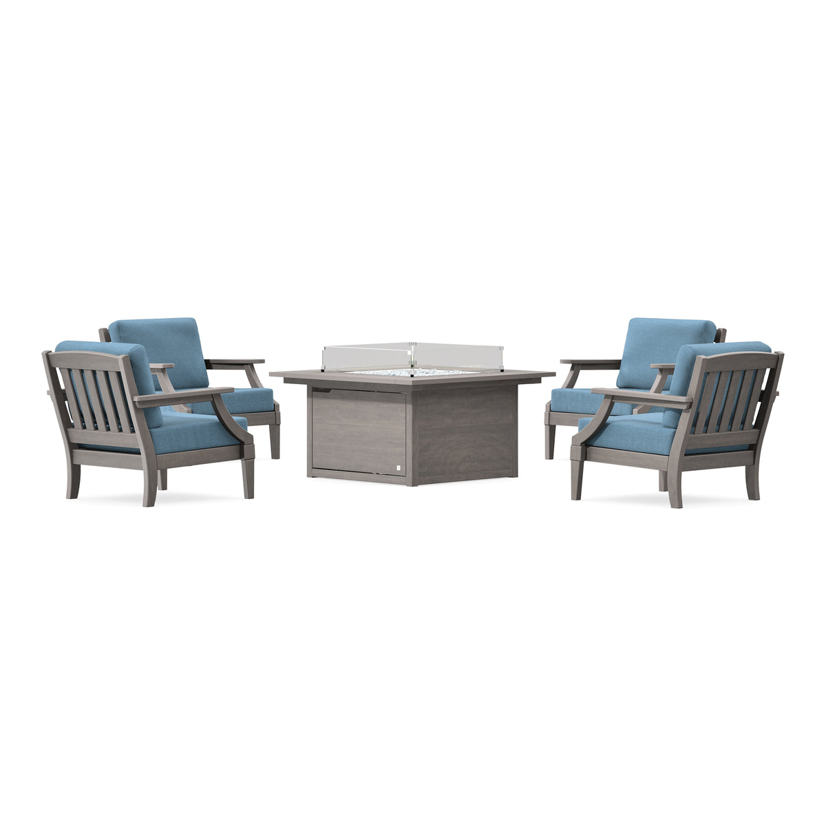 POLYWOOD PW Designer Series Estate 5-Piece Lounge Fire Table Set in Driftwood / Sky Blue