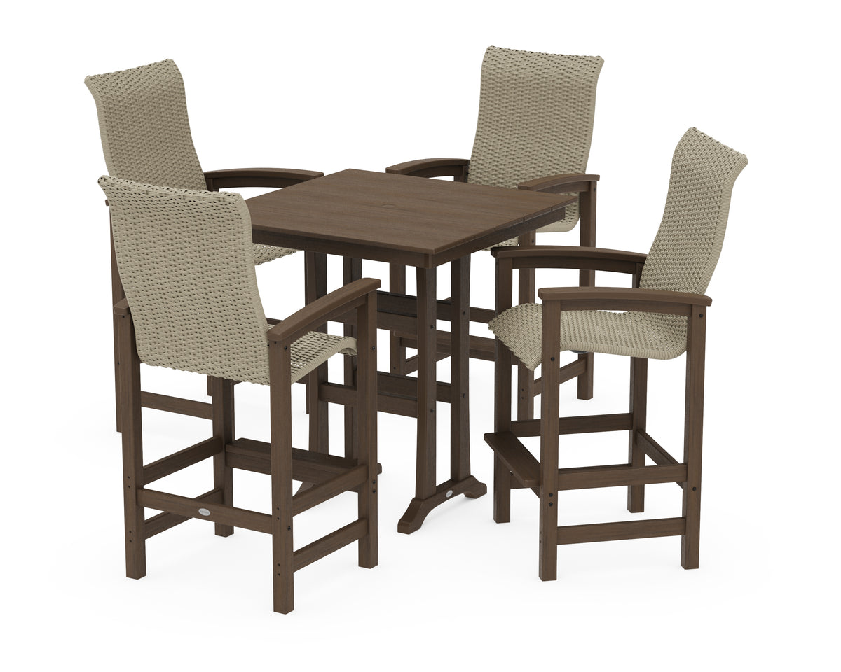 POLYWOOD Coastal Woven High-Back 5-Piece Farmhouse Bar Set with Trestle Legs in Kona / Dune Grass