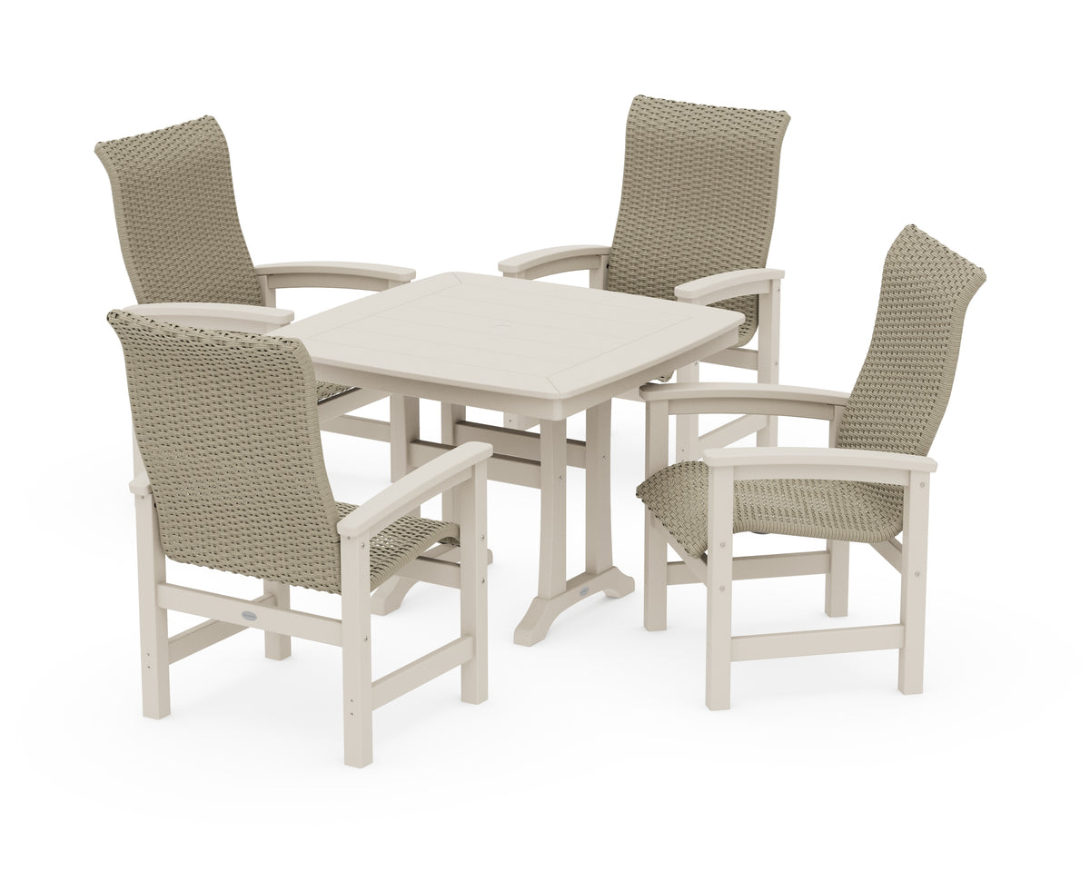 POLYWOOD Coastal Woven High-Back 5-Piece Dining Set with Trestle Legs in Sand / Dune Grass